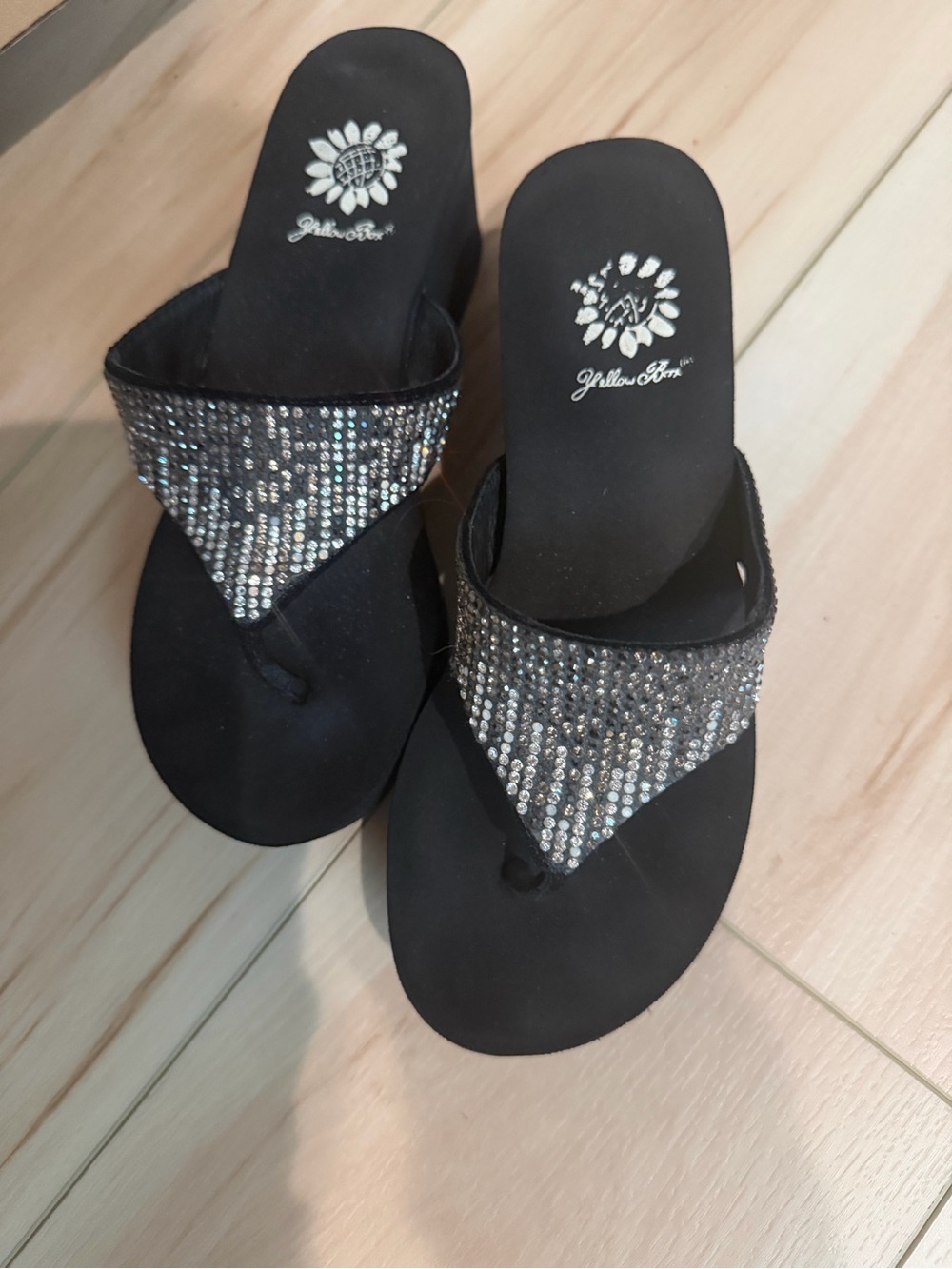 Yellow Box Black Gemstone Wedge Sandals